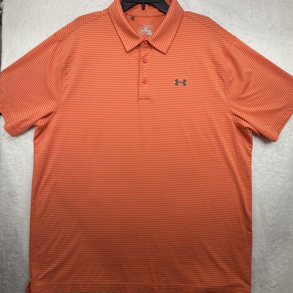 Under Armour HeatGear Polo Shirt Men 2XL Orange Striped Short Sleeve Game Dey
